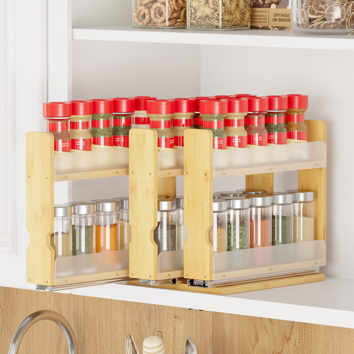 Bamboo Pull-out Spice Rack Organizer — Heavy Duty Sliding Cabinet Pantry — 7.6" W, 2-tier, 3 Drawers (2" Wide), Natural